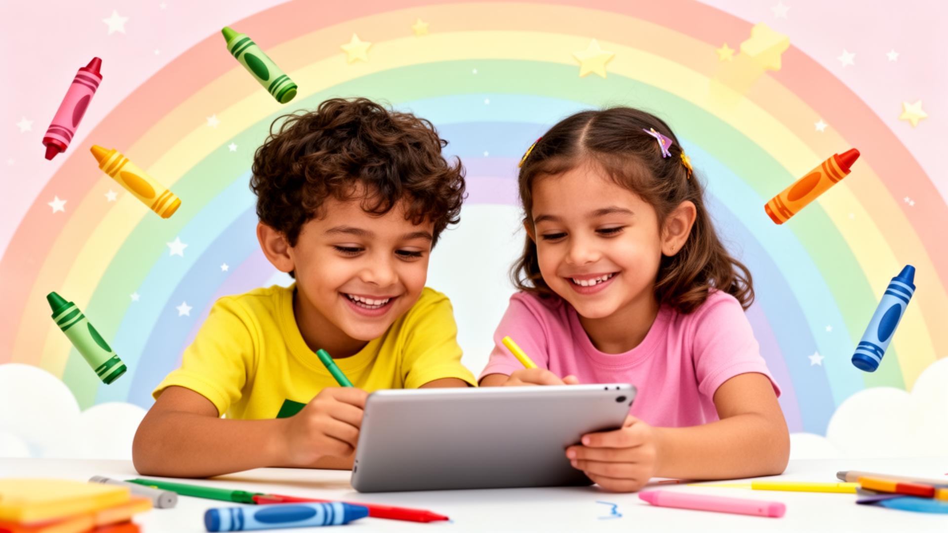 Crianças felizes colorindo histórias da Bíblia no tablet